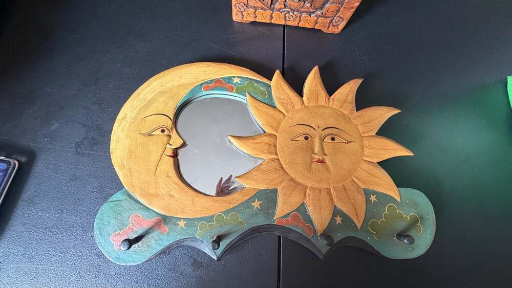 Vintage Hand-Painted Wooden Celestial Sun and Moon Wall Mirror with Hooks